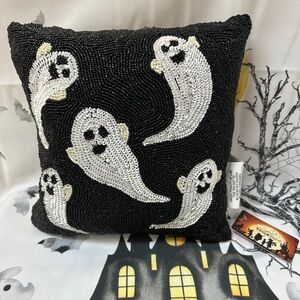 Beaded Ghost Design Black Pillow